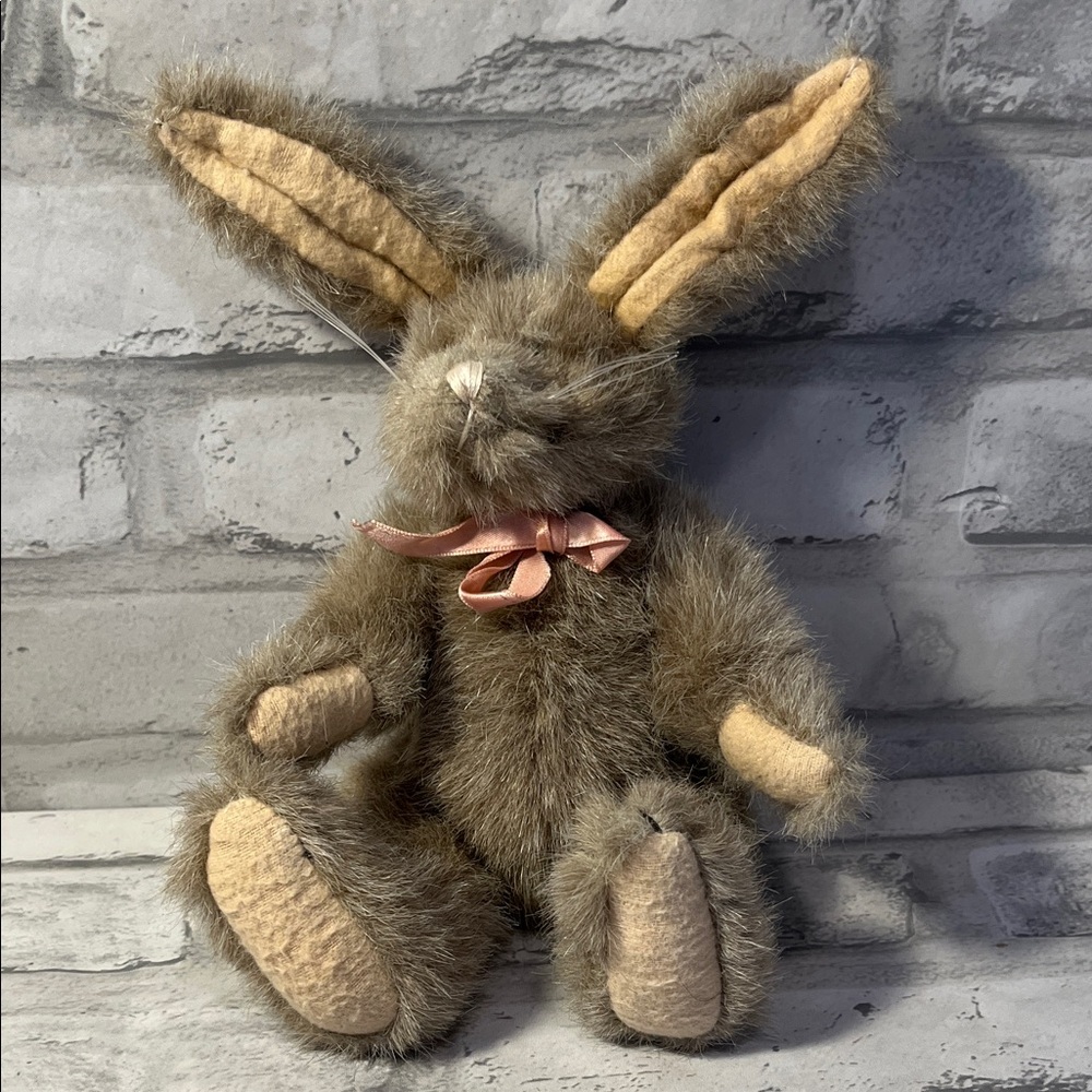 Vintage Collection Adorable Brown Plush 9 inch Bunny with Pink Bow